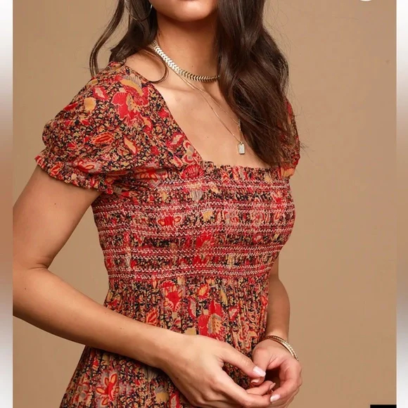 Free People Getaway Red Floral Print Pleated Tiered Maxi Dress - Picture 2 of 4